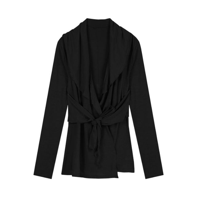 Plain Cardigan Tie Collar Waist Shawl