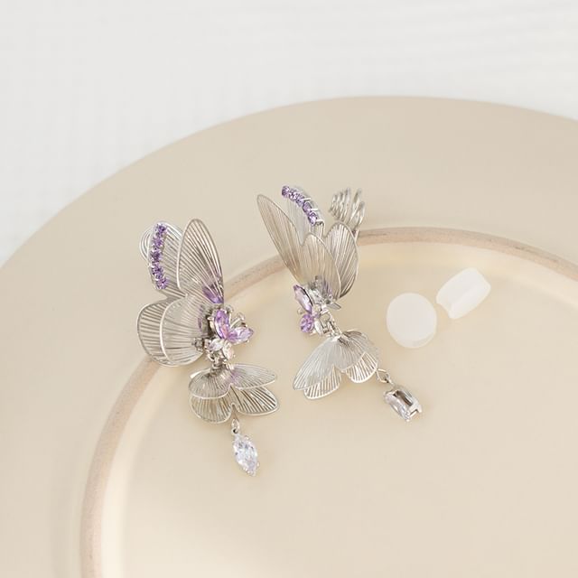 / Butterfly Rhinestone On Drop Clip Earring