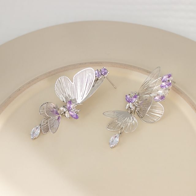 / Butterfly Rhinestone On Drop Clip Earring