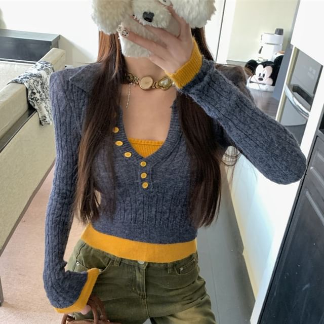 Sweater Tone Two Cropped Mock Two-Piece Collar Cable-Knit