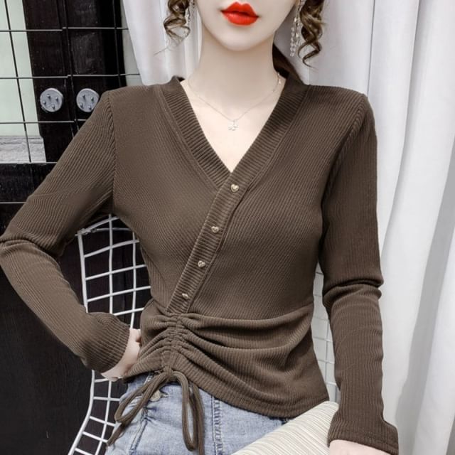 V-Neck Top Plain Crop Long-Sleeve Asymmetrical