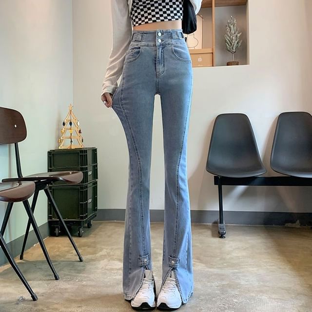 High Slit Hem Waist Jeans Flared