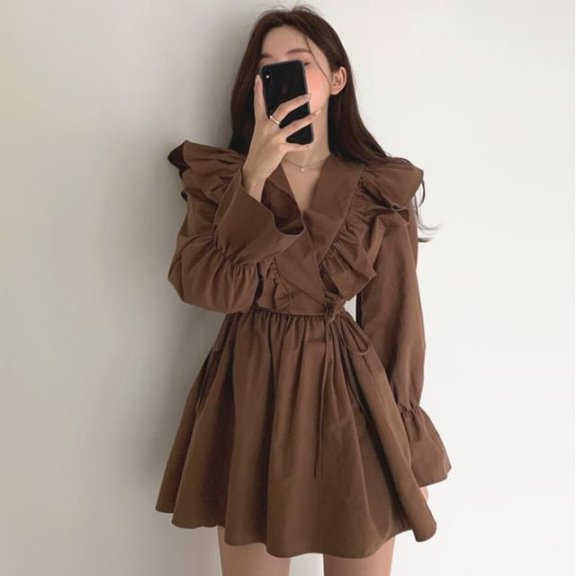 Mini Collared Long-Sleeve A-Line Plain Dress V-Neck