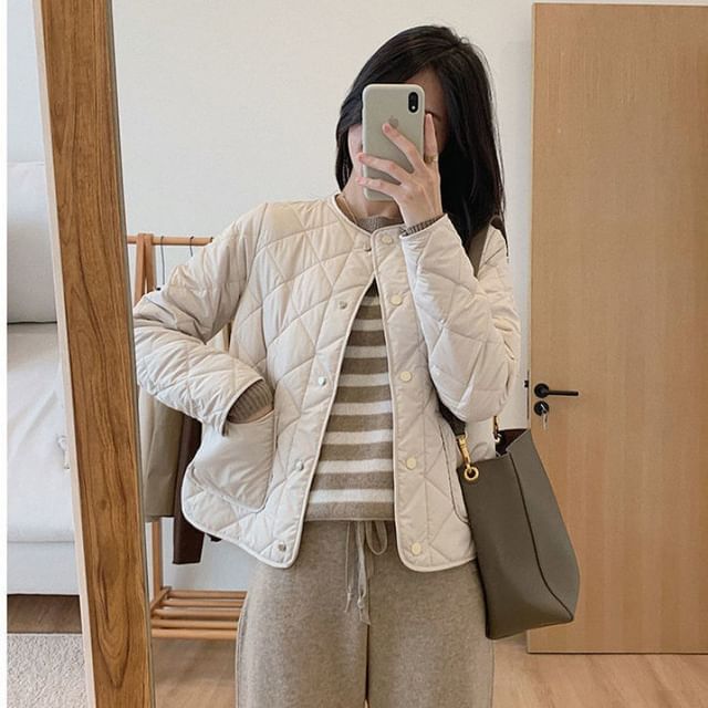 Quilted V-Neck Button-Up Jacket