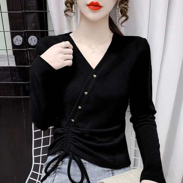 V-Neck Top Plain Crop Long-Sleeve Asymmetrical