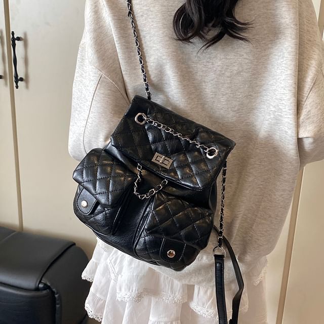 Chain Quilted Strap Faux Backpack Leather