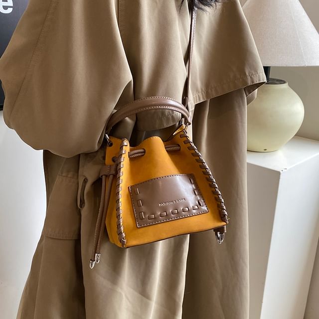 Leather Drawstring Bucket Faux Applique Bag