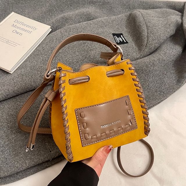 Leather Drawstring Bucket Faux Applique Bag