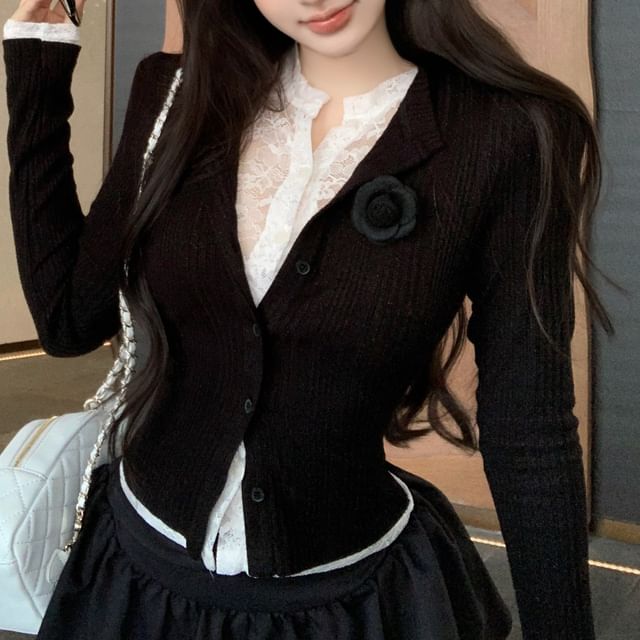 Ribbed Cardigan Lace Mock Trim Plain Two-Piece Fit Slim