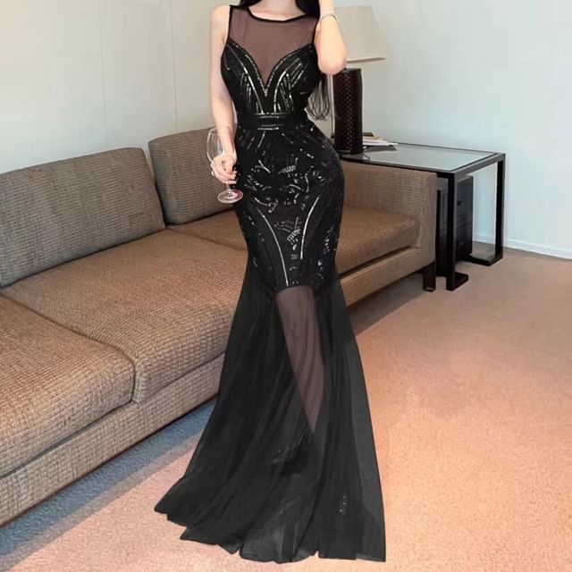 Sleeveless Crew Neck Sequin Sheer Panel Open Back Mermaid Evening Gown