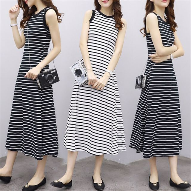 A-Line Midi Tank Dress Striped Crew Neck