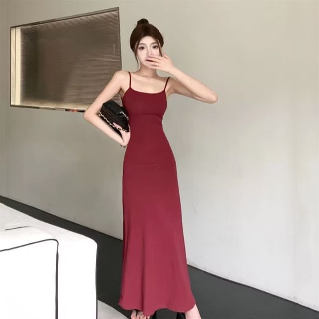 Strap Spaghetti Bodycon Plain Scoop Midi Neck Dress