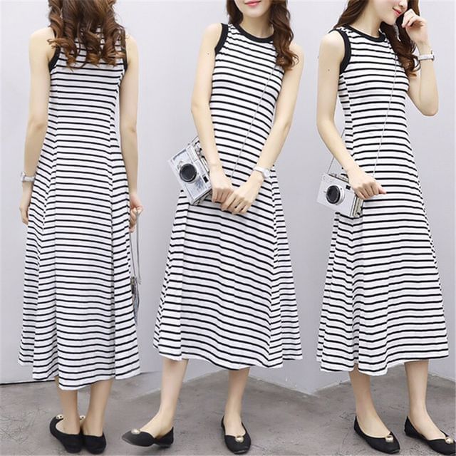 A-Line Midi Tank Dress Striped Crew Neck