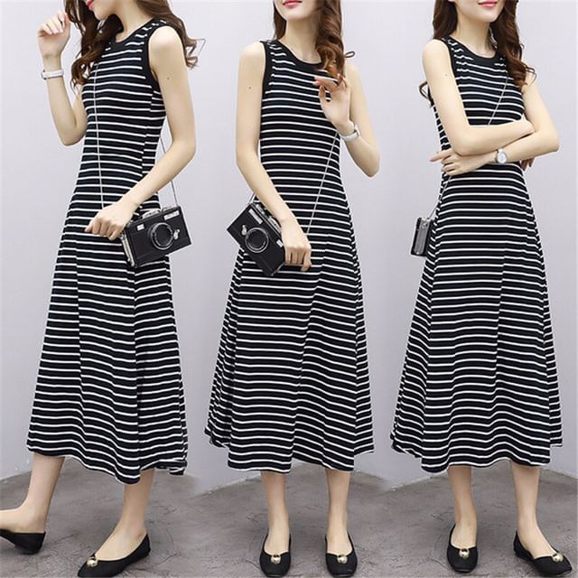 A-Line Midi Tank Dress Striped Crew Neck