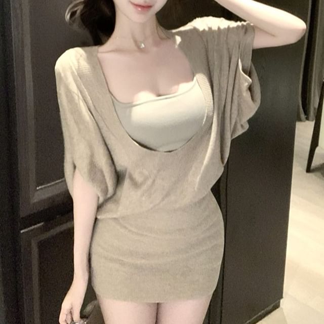 Sheath Dress / Top Mini Camisole Elbow-Sleeve Plain
