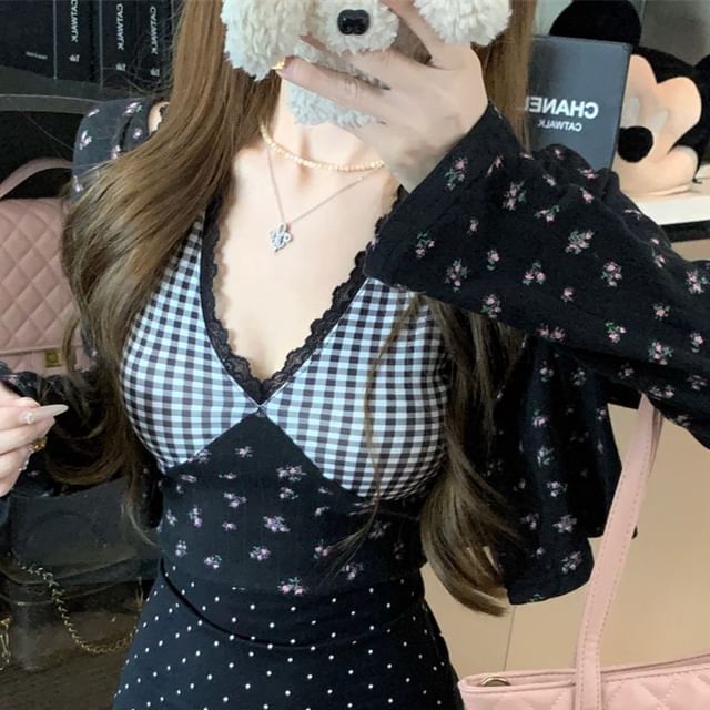 Dress Crop Mini Print Cardigan Plaid / Cami Top Floral Panel