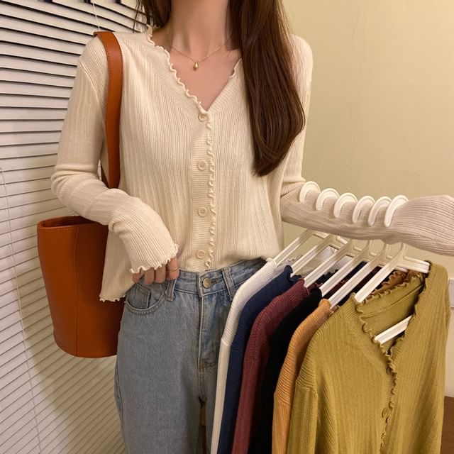 Plain V-Neck Cardigan Knit Cropped Ribbed