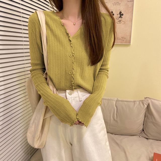Plain V-Neck Cardigan Knit Cropped Ribbed