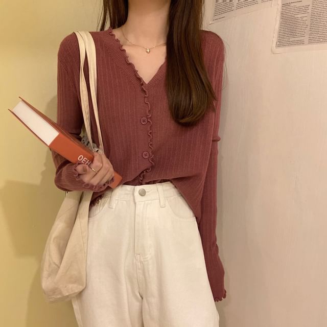 Plain V-Neck Cardigan Knit Cropped Ribbed