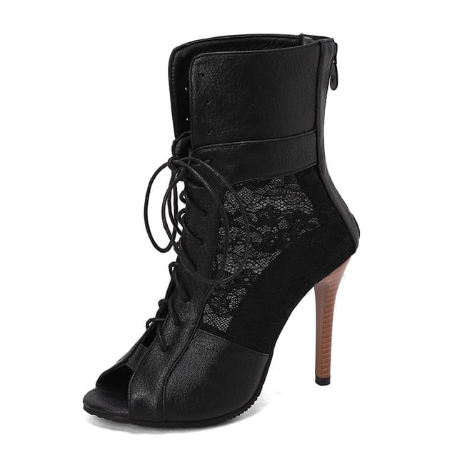 Peep-Toe Panel Heel Sandals Lace High