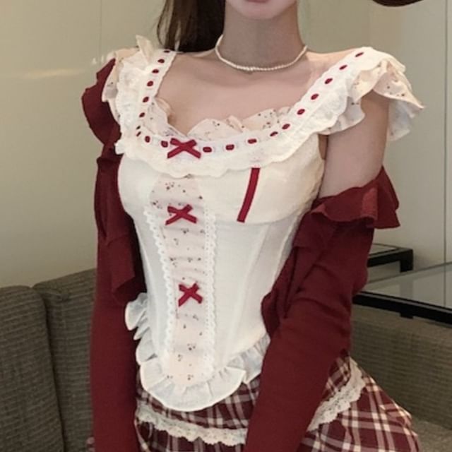 Panel Ruffle Plaid Skirt Print Mini Sleeveless Top High / Striped Bow Cardigan Waist Floral A-Line