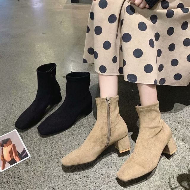 Plain Square Short Heel Chunky Toe Zip-Up Boots