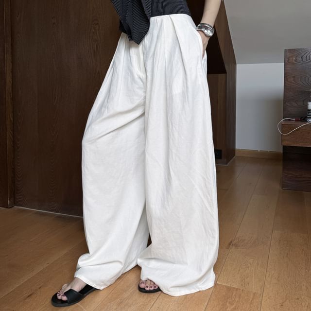 Crop Accent / Striped Tube Waist Leg Bow Wide Pants High Top Plain