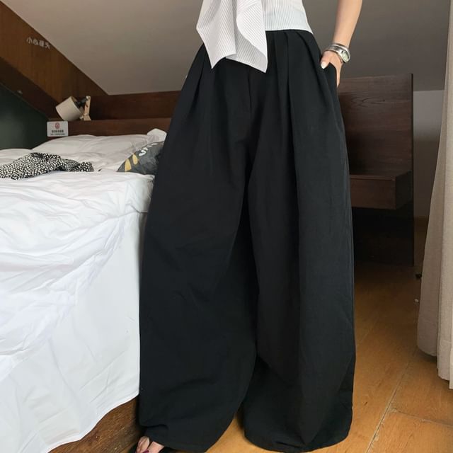 Crop Accent / Striped Tube Waist Leg Bow Wide Pants High Top Plain