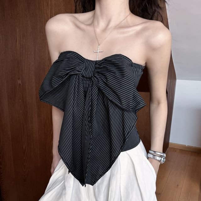 Crop Accent / Striped Tube Waist Leg Bow Wide Pants High Top Plain