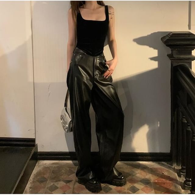 Faux Flared Camisole Top Square Leather Plain Rise High / Neck Pants