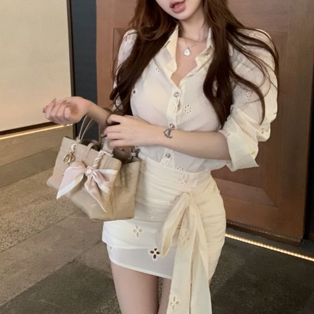Skirt Mini Rise Pencil High Embroidered Flower Ruched Shirt Long-Sleeve / Bow