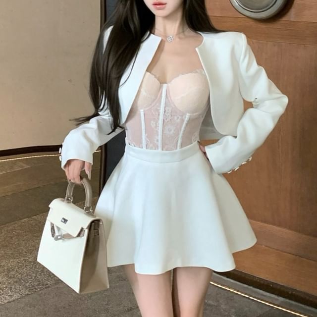 A-Line Skirt Cropped Top Open Lace Rise / Plain Jacket Bustier High Front Mini