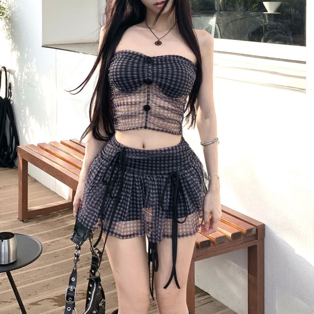 Rise / Mini Sheer Skirt Tube A-Line Ruched Top High Plaid Bow