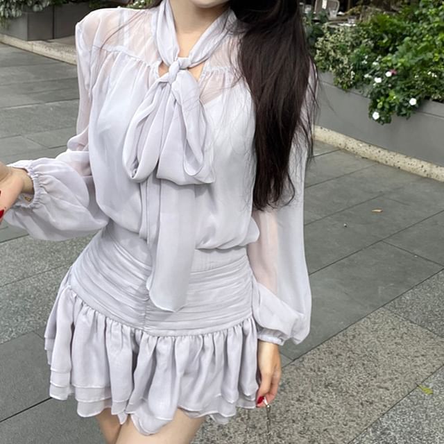 / Tie-Neck Mini Skirt Cami Blouse Puff-Sleeve Top High Rise Set Plain A-Line