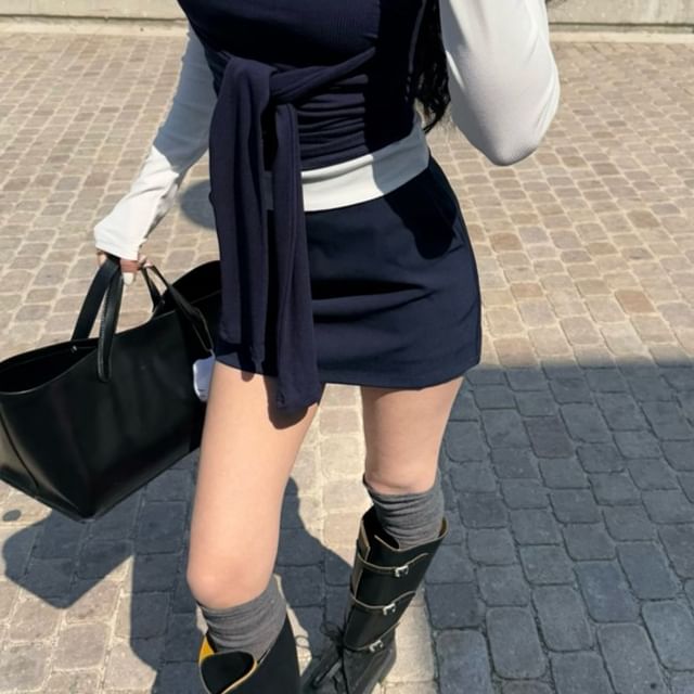 Collar Tube Mini Skirt Contrast Tee / Pencil Long-Sleeve Plain Top Trim Waist High Tie-Front