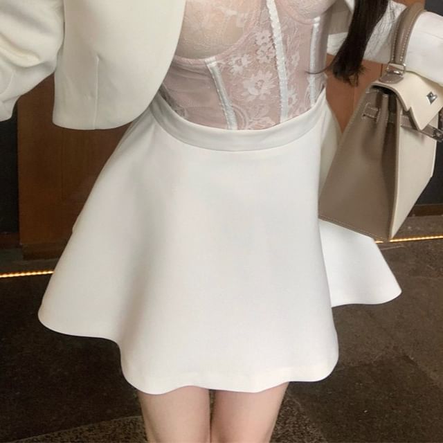 A-Line Skirt Cropped Top Open Lace Rise / Plain Jacket Bustier High Front Mini