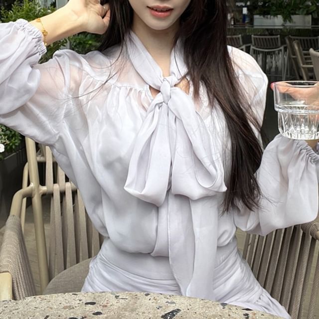 / Tie-Neck Mini Skirt Cami Blouse Puff-Sleeve Top High Rise Set Plain A-Line