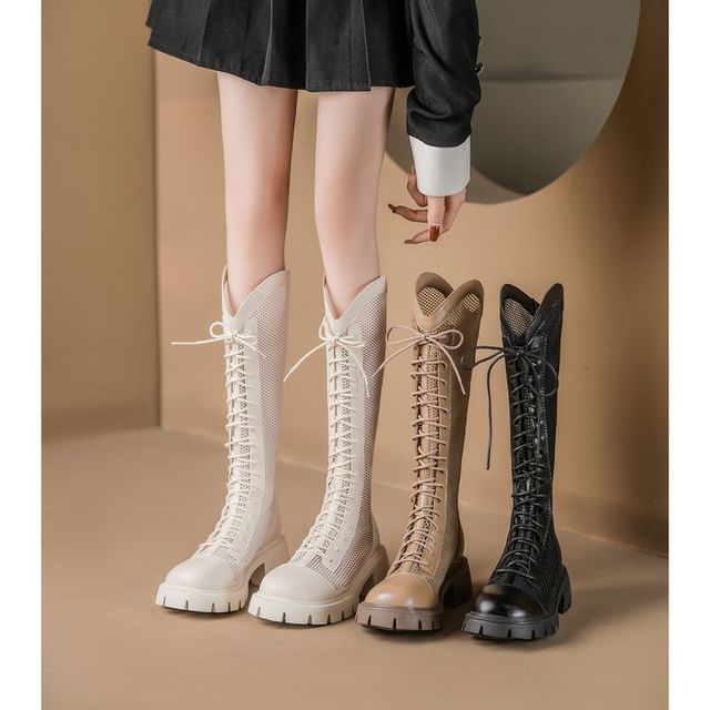 Mesh Panel Lace-Up Boots Platform Tall