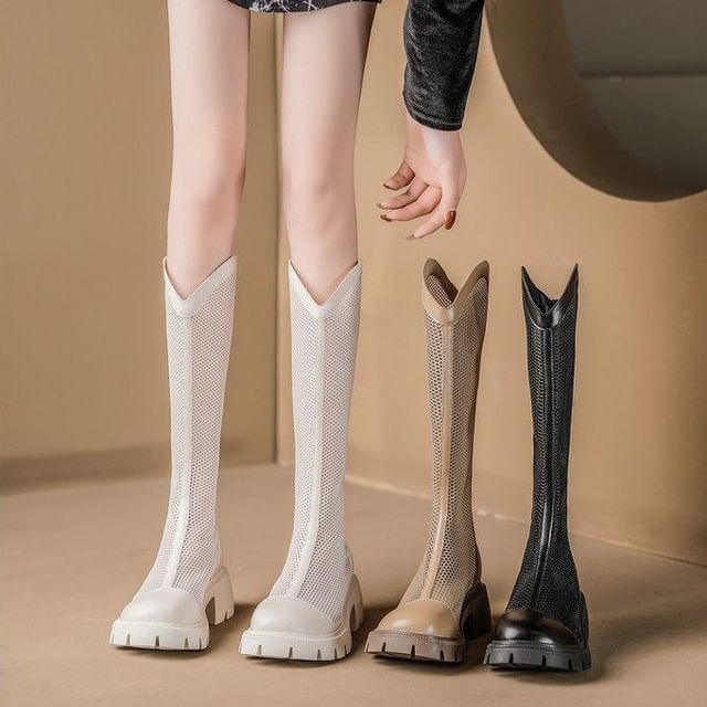 Tall Platform Panel Zip-Up Mesh Boots