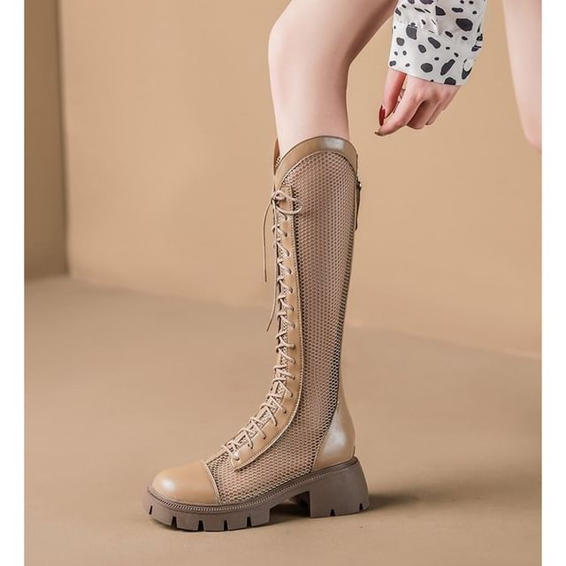 Mesh Panel Lace-Up Boots Platform Tall