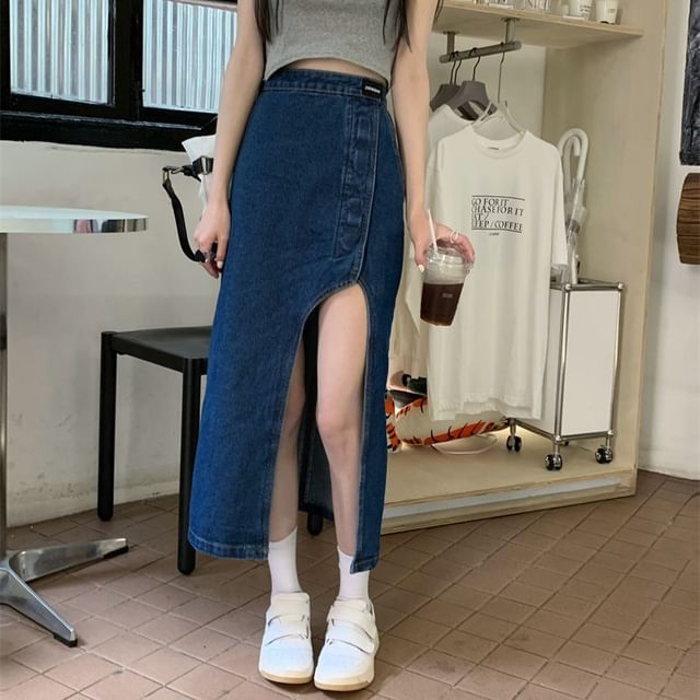 Asymmetrical Skirt Rise Midi Washed High Denim Pencil