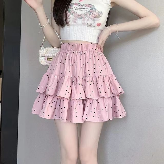 A-Line Waist Dotted Mini Skirt Ruffle Elastic