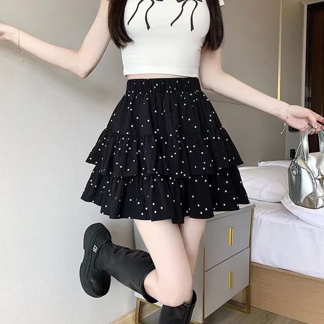 A-Line Waist Dotted Mini Skirt Ruffle Elastic
