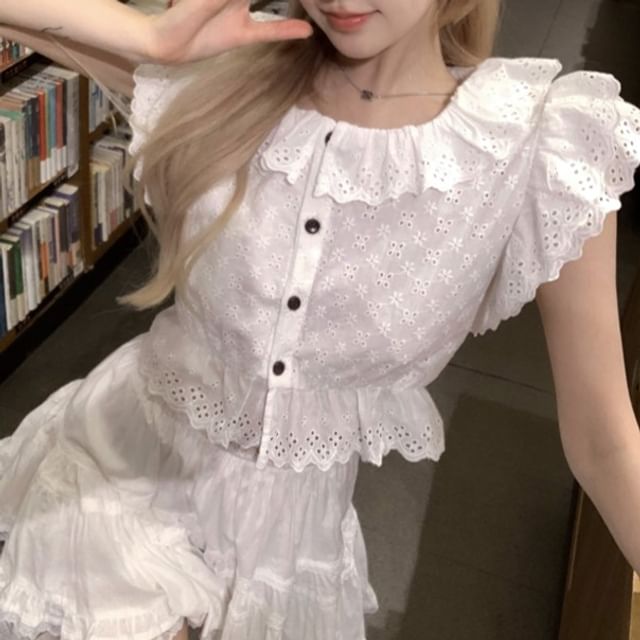 A-Line Trim Waist Lace Cap-Sleeve High / Flower Blouse Plain Mini Embroidered Skirt