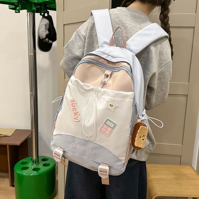 Drawstring Color Block Backpack Letter Embroidered