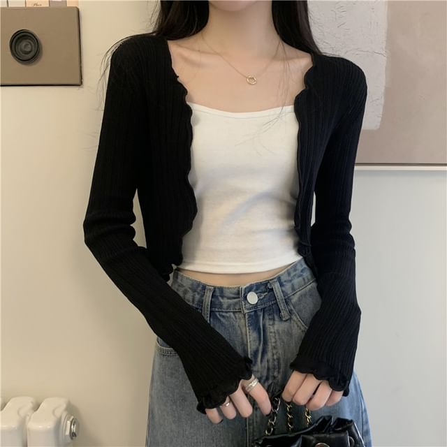 Edge Open Plain Crop Lettuce Front Cardigan