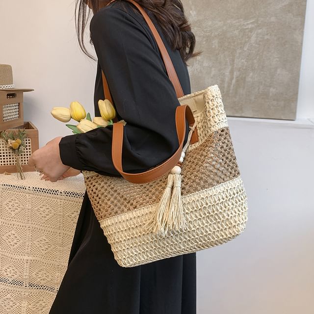 Two-Tone Tassel Tote Woven Bag