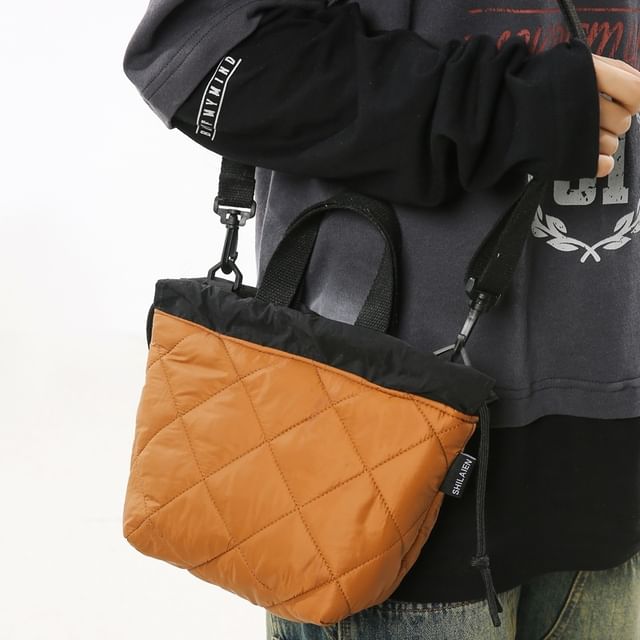 Quilted Two-Tone Crossbody Drawstring Bag