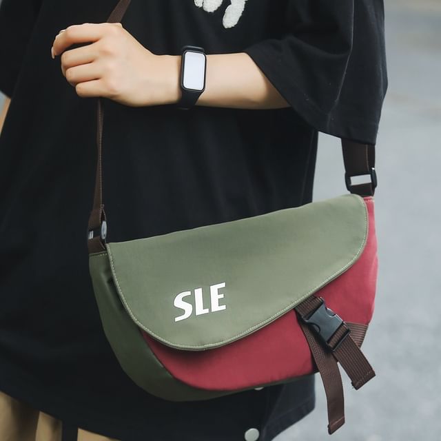 Buckled Two-Tone Crossbody Flap Bag Lettering