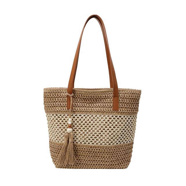 Two-Tone Tassel Tote Woven Bag